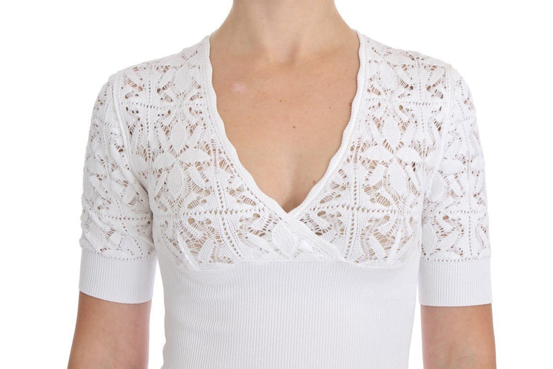 White Floral Ricamo Sweater V-neck Top