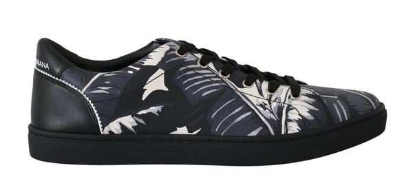 Black Leaf Print Leather Casual Gym Sneakers