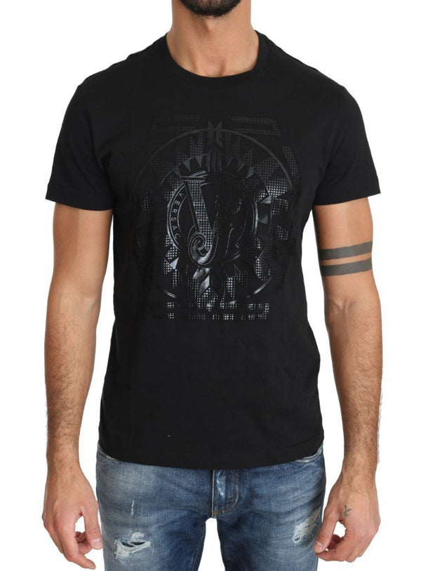 Black Cotton Logo Motive Print Crewneck T-shirt