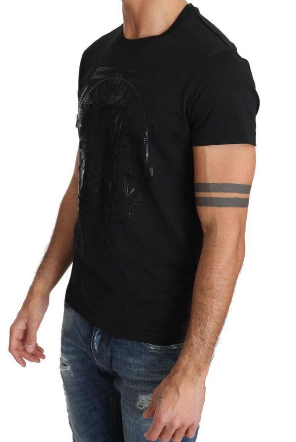 Black Cotton Logo Motive Print Crewneck T-shirt