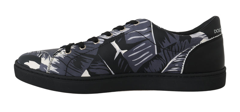 Black Leaf Print Leather Casual Gym Sneakers