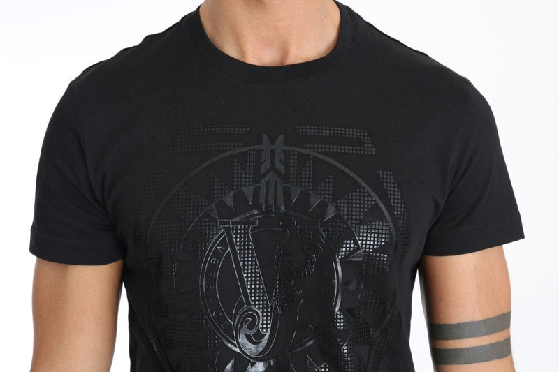 Black Cotton Logo Motive Print Crewneck T-shirt