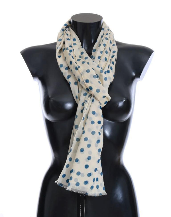 White Blue Polka Dotted Silk Scarf