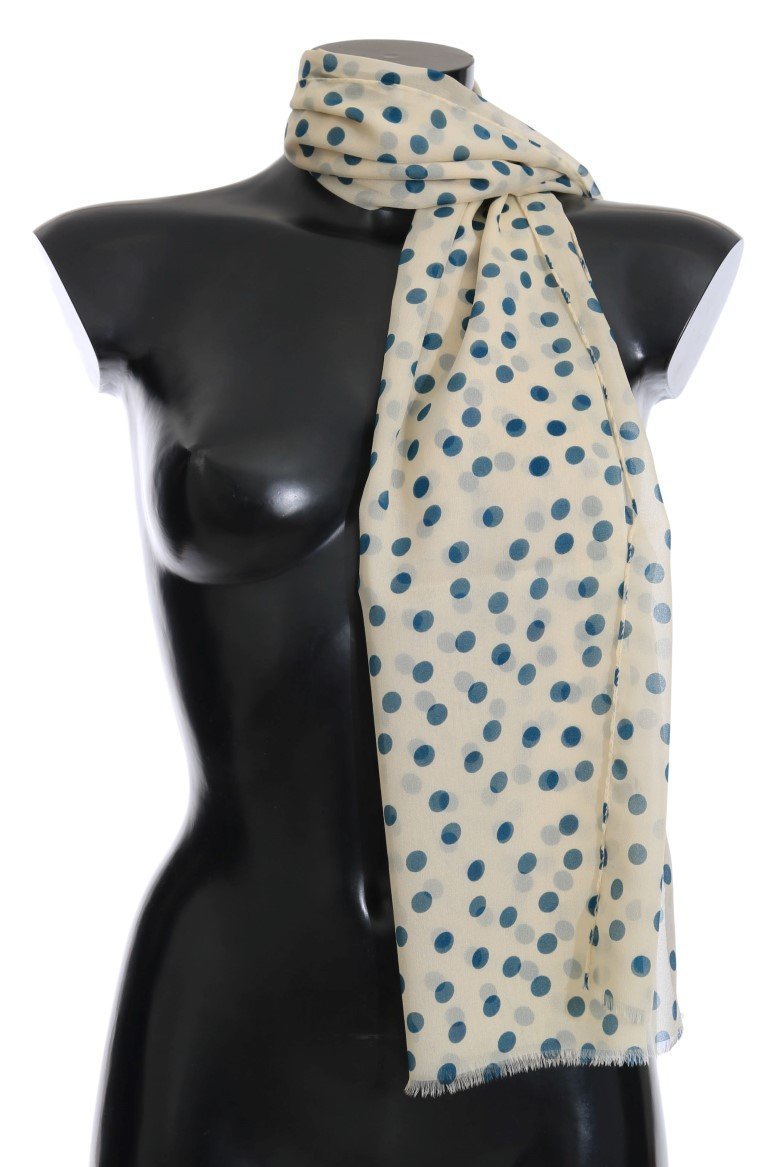 White Blue Polka Dotted Silk Scarf