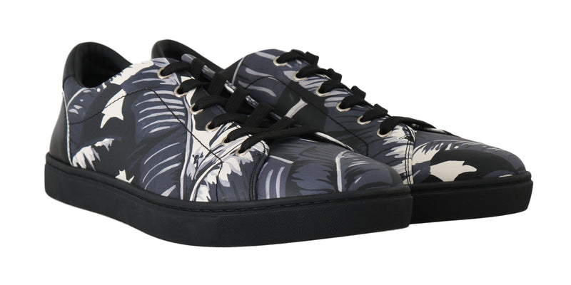 Black Leaf Print Leather Casual Gym Sneakers