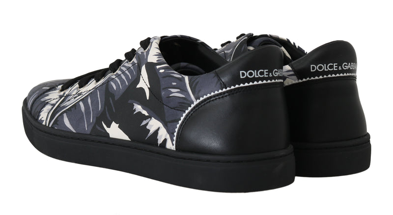 Black Leaf Print Leather Casual Gym Sneakers