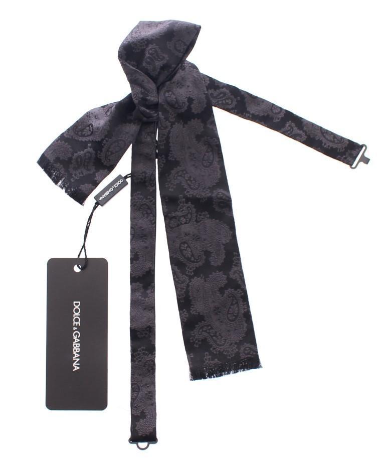 Black Gray Silk Baroque Paisley Bow Tie