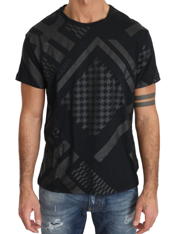 Black Gray Cotton Motive Print Crewneck T-shirt