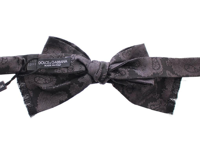 Black Gray Silk Baroque Paisley Bow Tie