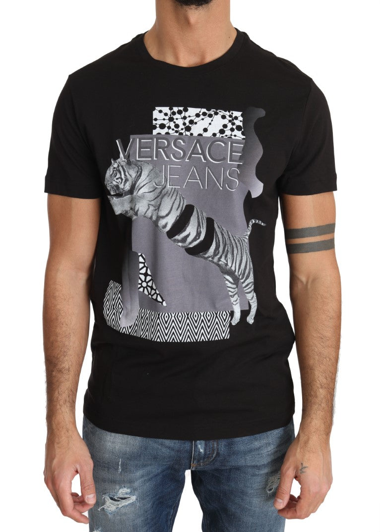 Black Cotton Tiger Motive Print Crewneck  T-shirt