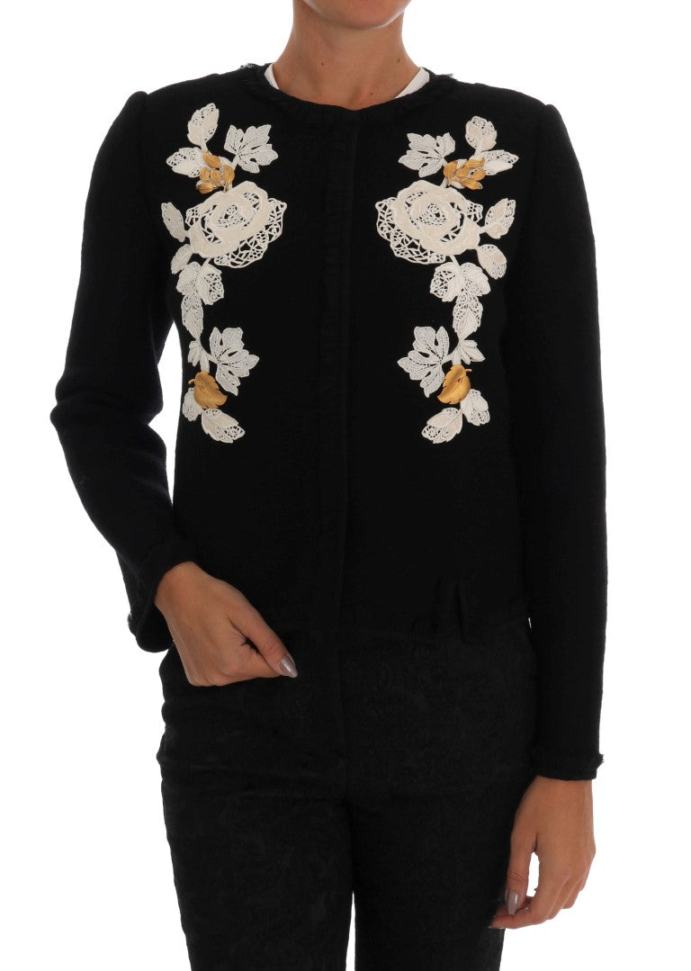 Black Wool Silk Gold Brooch Cardigan Sweater