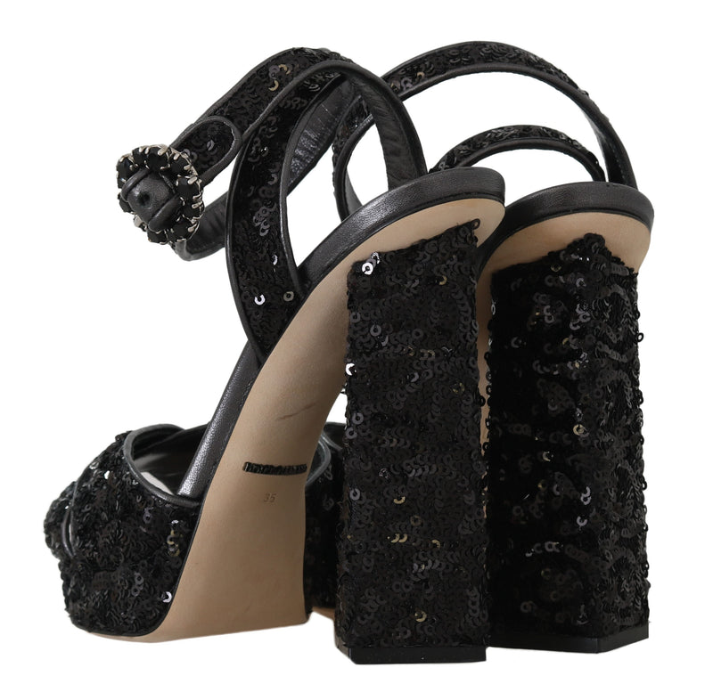 Black Leather Sequined Crystal Sandals