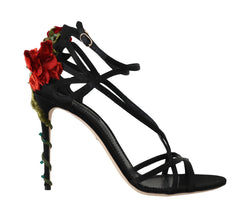 Black Leather Roses Crystal Sandals