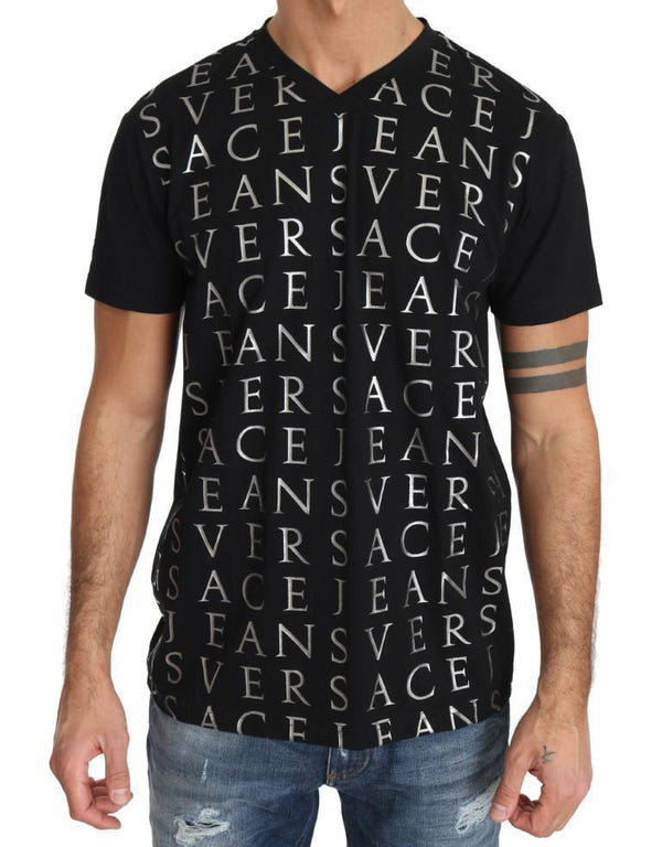Black Cotton Silver Motive Print V-neck T-shirt