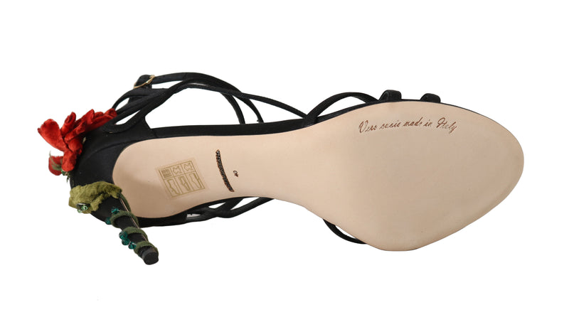 Black Leather Roses Crystal Sandals