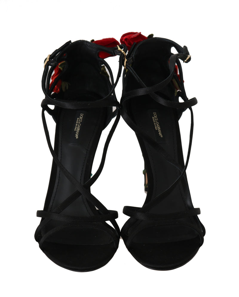 Black Leather Roses Crystal Sandals