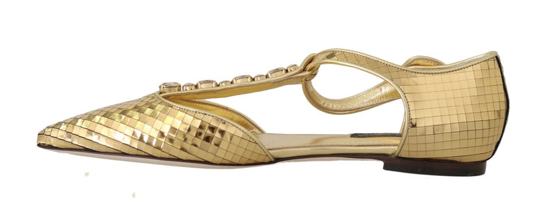 Gold Leather Crystal Ballerina T-strap Shoes