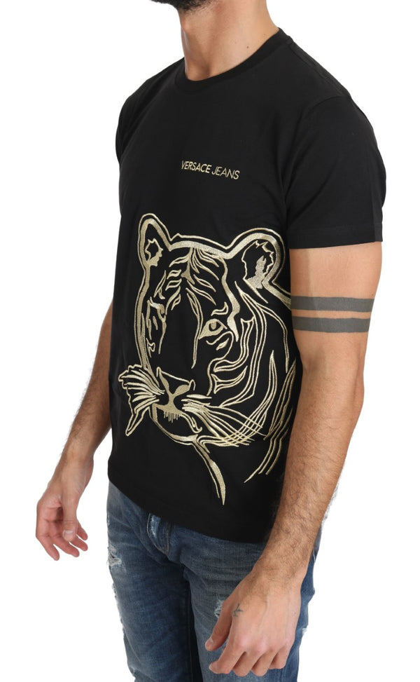 Black Cotton Gold Tiger Motive Crewneck T-shirt