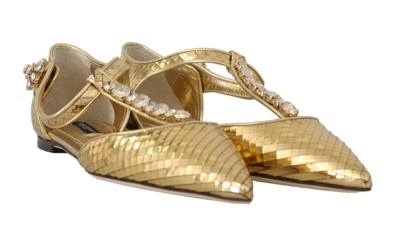 Gold Leather Crystal Ballerina T-strap Shoes