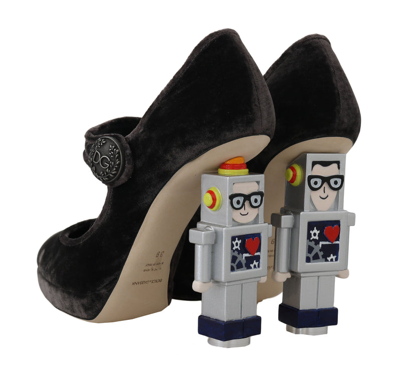 Gray Velvet Robot Heels Mary Janes