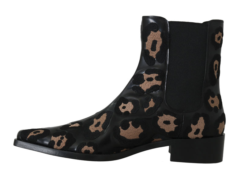 Black Leather Leopard Chelsea Boots