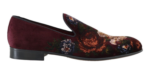 Bordeaux Floral Print Velvet Loafers