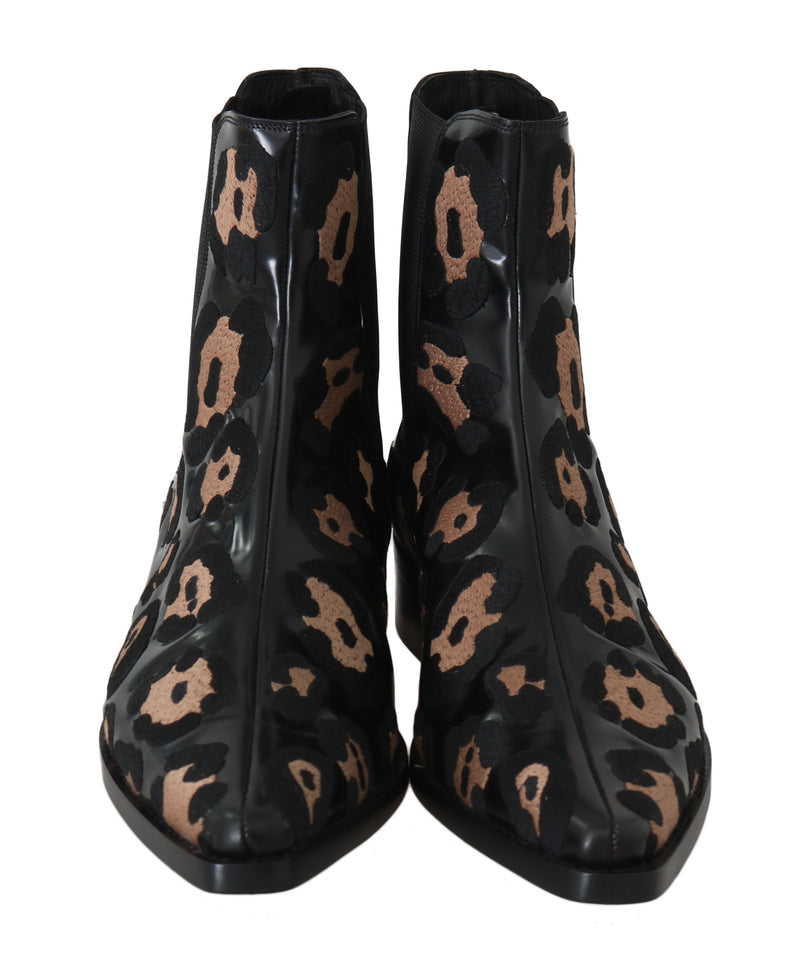 Black Leather Leopard Chelsea Boots
