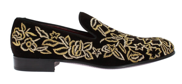 Brown Velvet Gold Embroidery Loafers
