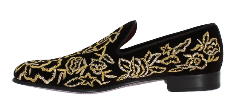 Brown Velvet Gold Embroidery Loafers