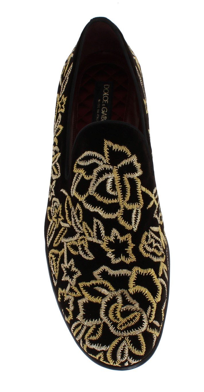 Brown Velvet Gold Embroidery Loafers