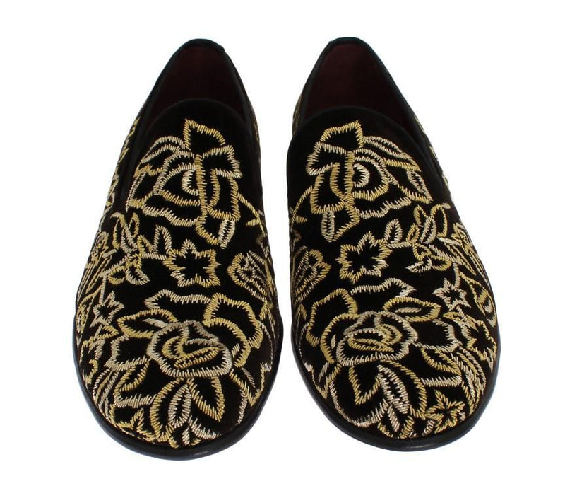 Brown Velvet Gold Embroidery Loafers