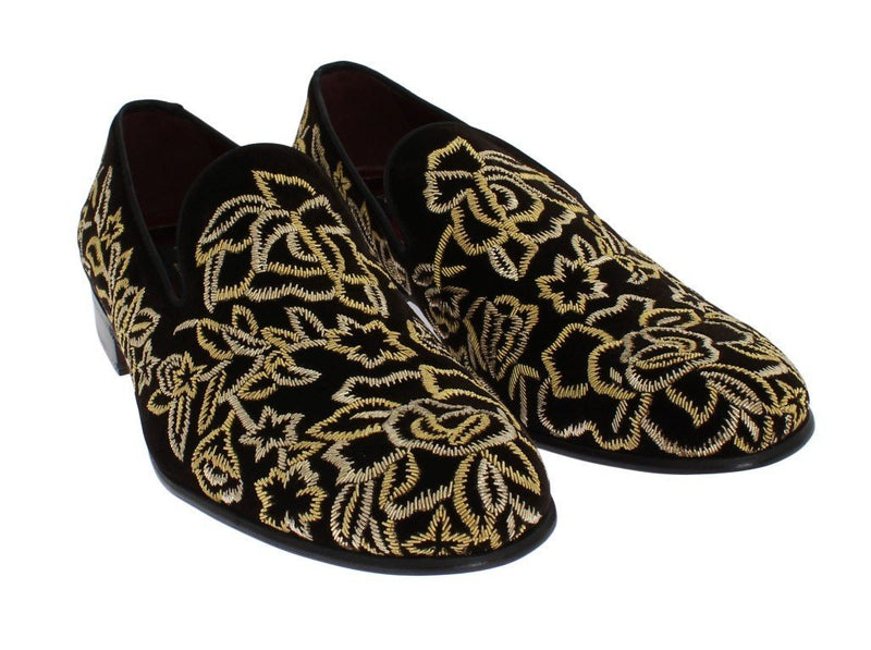 Brown Velvet Gold Embroidery Loafers
