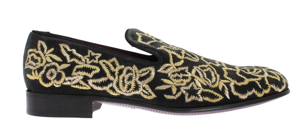 Gray Velvet Gold Embroidery Loafers