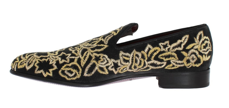 Gray Velvet Gold Embroidery Loafers