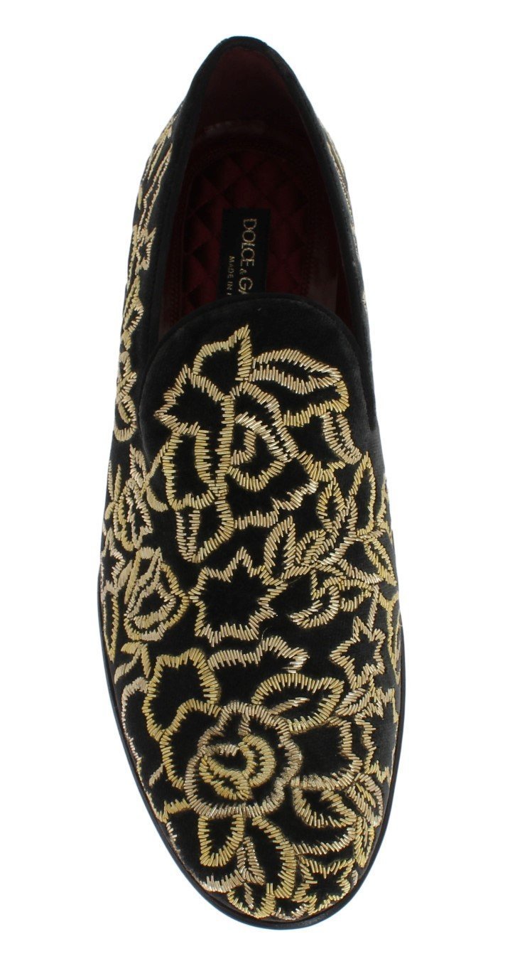 Gray Velvet Gold Embroidery Loafers