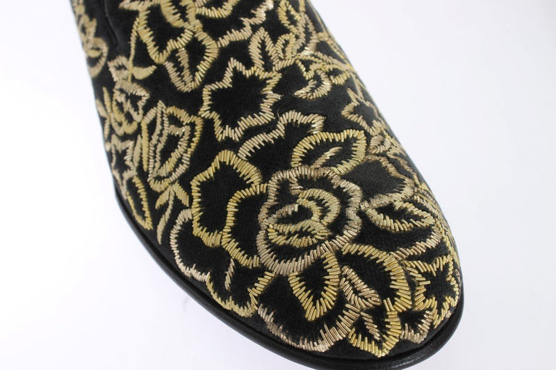 Gray Velvet Gold Embroidery Loafers