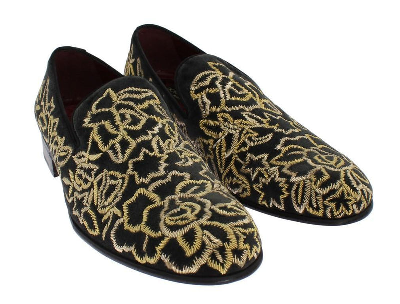 Gray Velvet Gold Embroidery Loafers