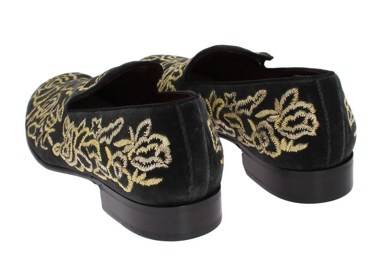 Gray Velvet Gold Embroidery Loafers