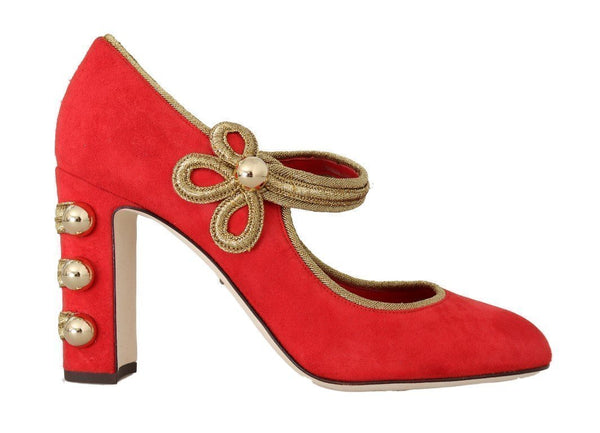 Red Leather Gold Studs Mary Janes Shoes