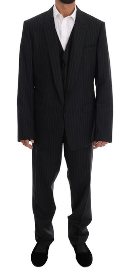 Black Striped Wool One Button 3 Piece Suit