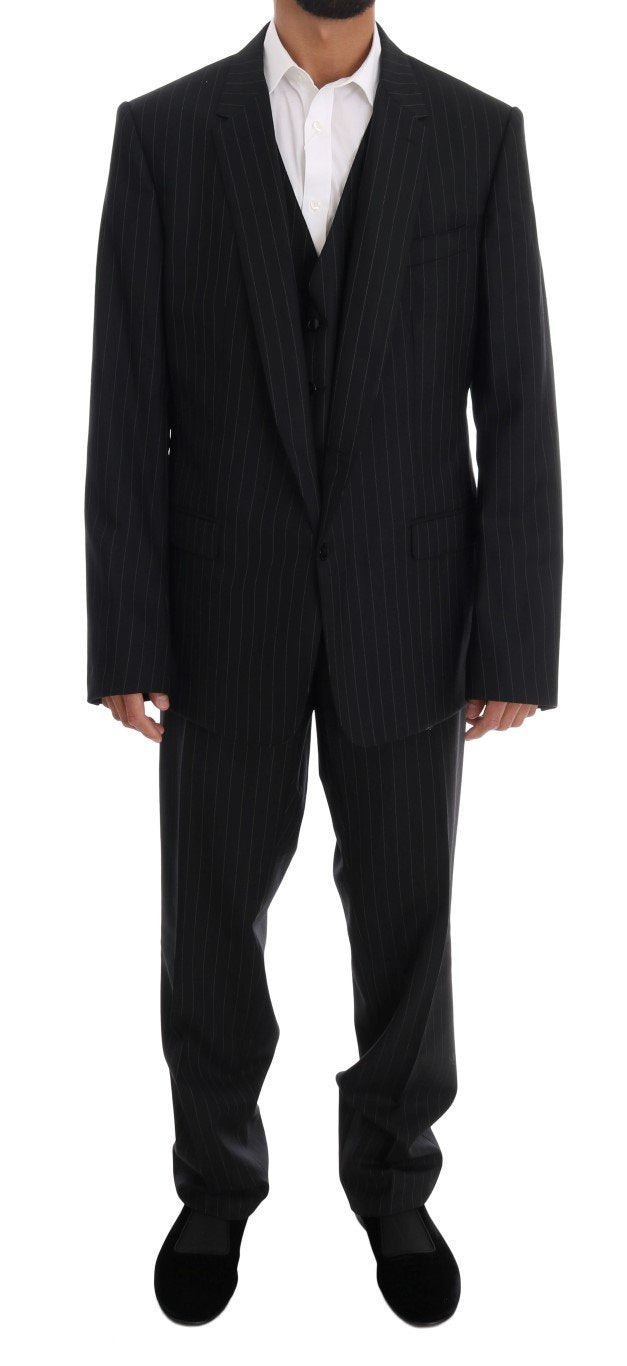 Black Striped Wool One Button 3 Piece Suit