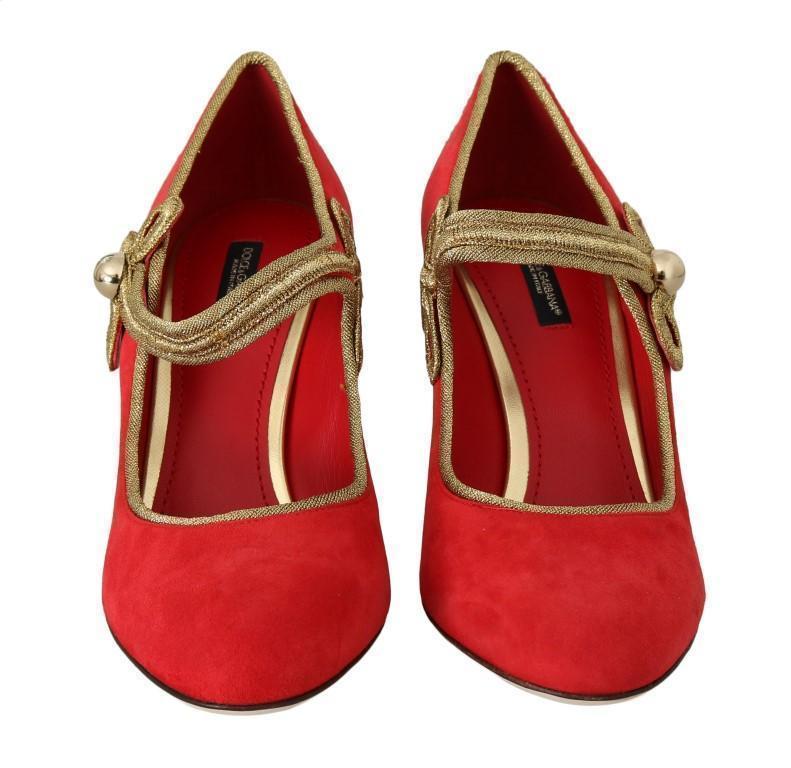 Red Leather Gold Studs Mary Janes Shoes