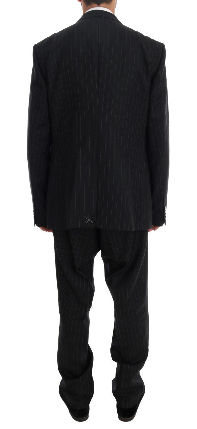 Black Striped Wool One Button 3 Piece Suit