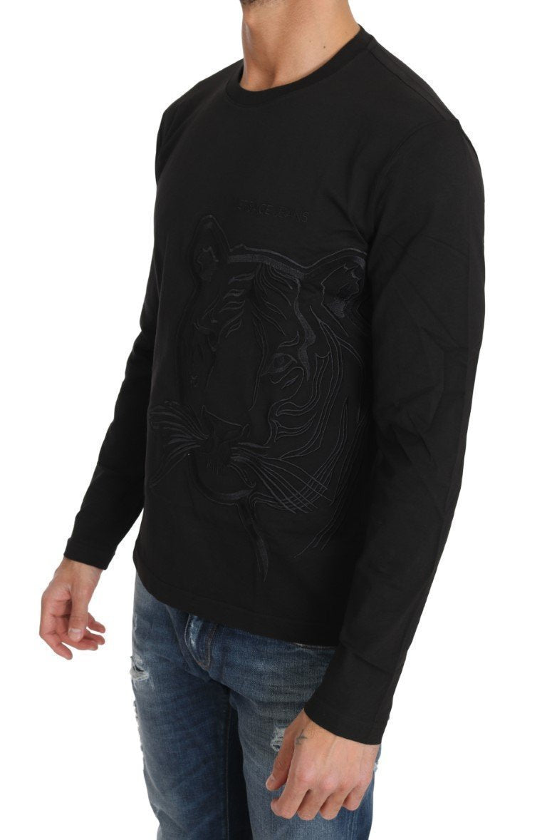 Black Cotton Tiger Embroidered Crewneck  T-shirt