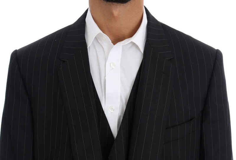 Black Striped Wool One Button 3 Piece Suit