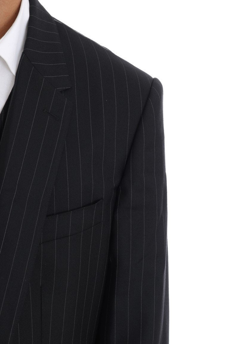 Black Striped Wool One Button 3 Piece Suit