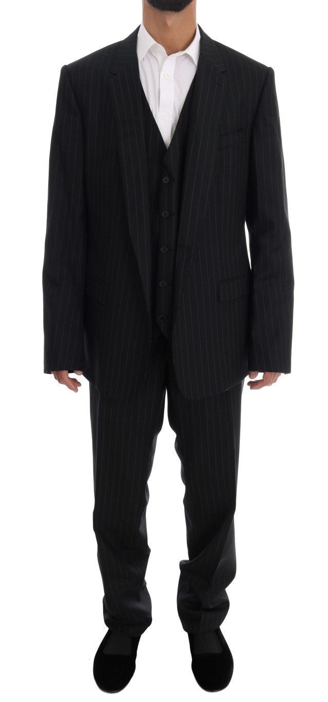 Black Striped Wool One Button 3 Piece Suit