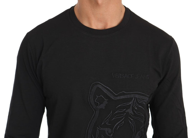 Black Cotton Tiger Embroidered Crewneck  T-shirt