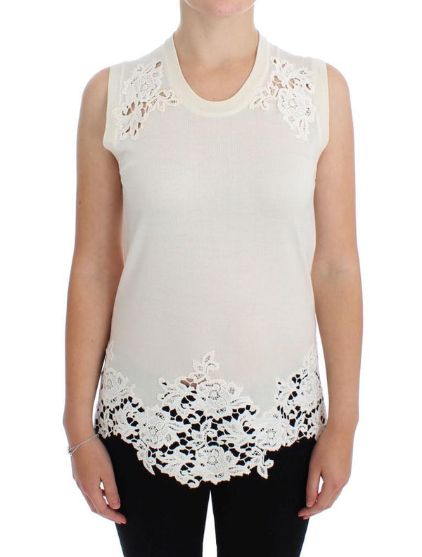 White Silk Ricamo Crewneck Top