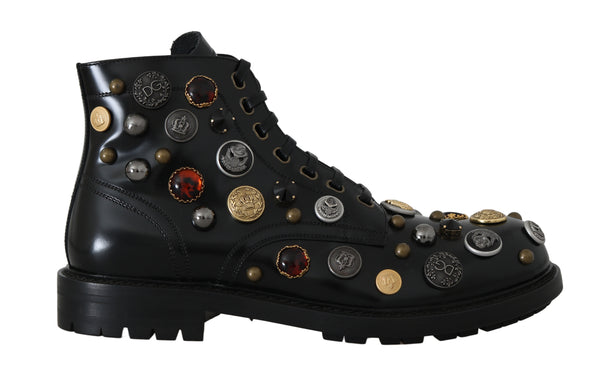 Black Leather Pearl Studs Logo Boots